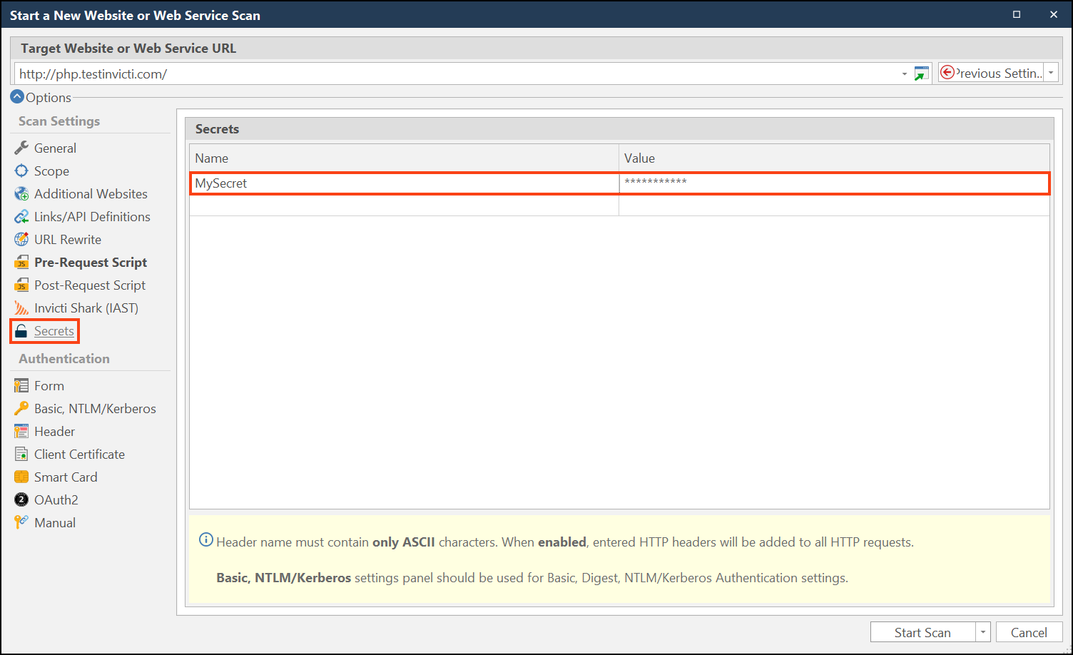 Secret fields in Invicti Standard