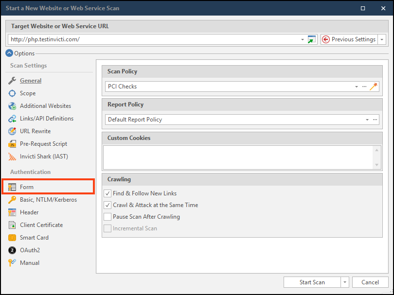 Form authentication section