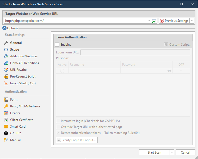 Form Authentication tab in Invicti Standard