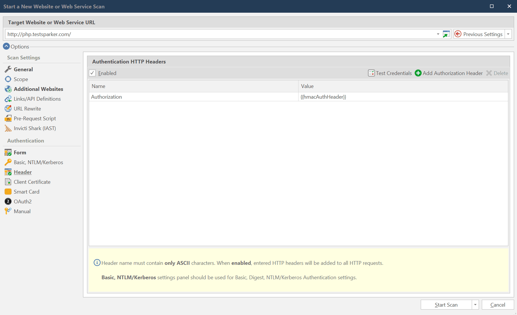 HMAC authentication header configuration in Invicti Standard