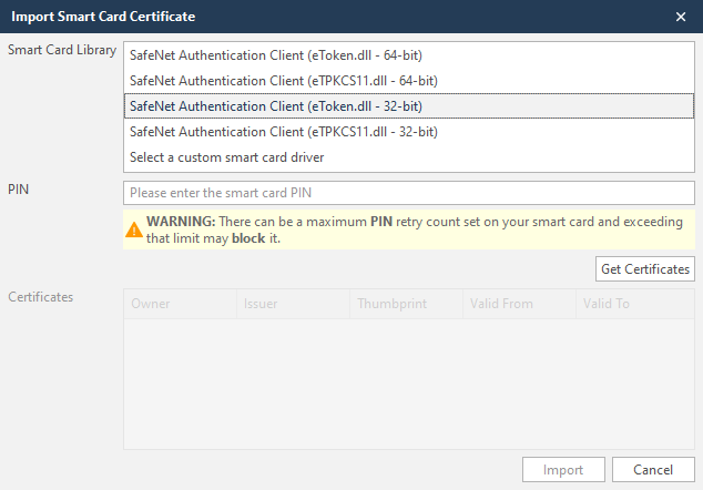 Import Smart Card Certificate dialog in Invicti Standard