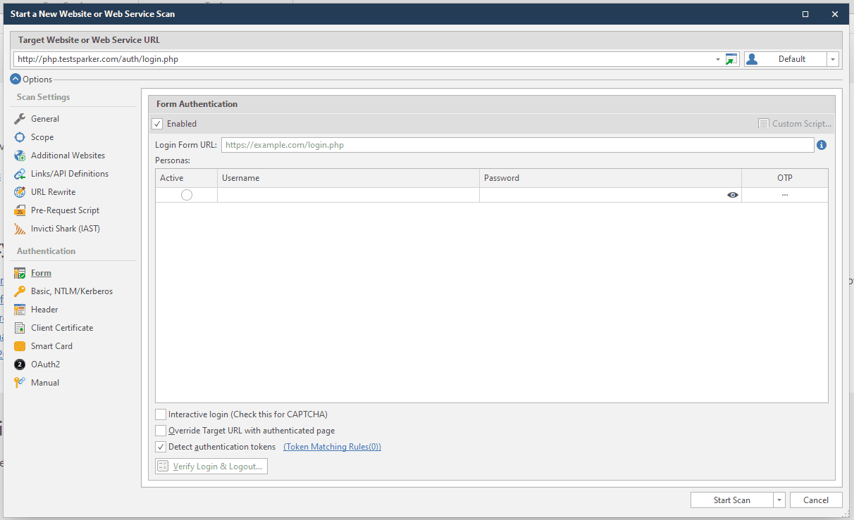 Form authentication section with Interactive login option
