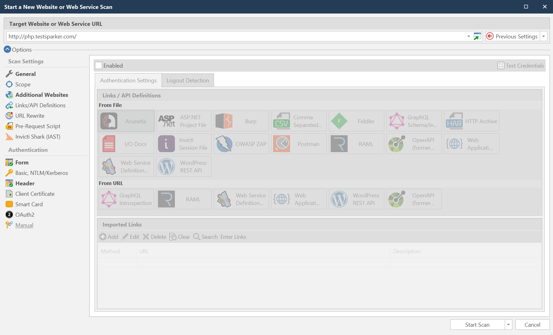 Manual authentication selection in Invicti Standard