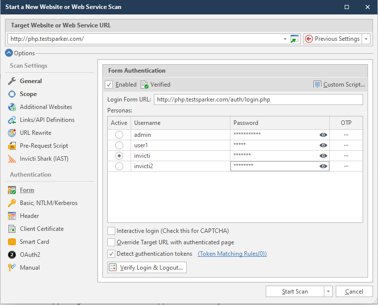 New scan dialog in Invicti Standard