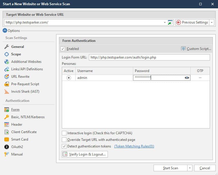 Basic OTP configuration setup in Invicti Standard