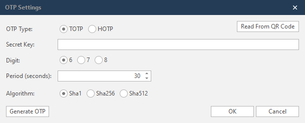 OTP Settings dialog in Invicti Standard