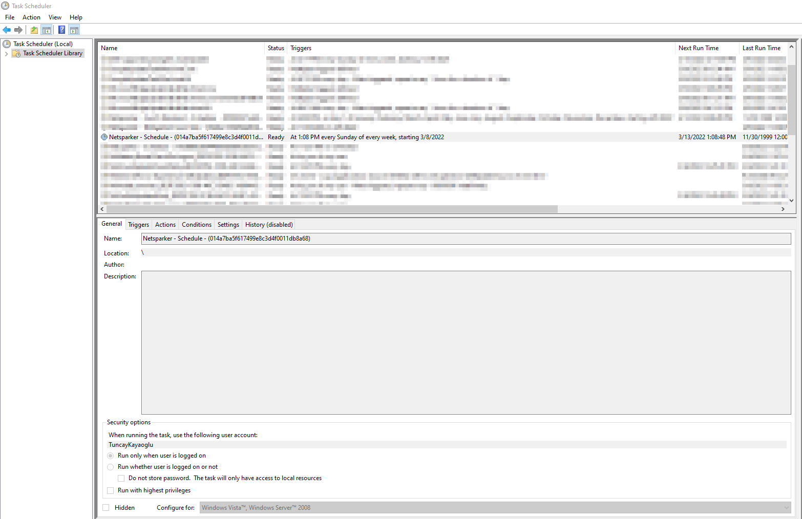 Task Scheduler Library showing Invicti scheduled scan.