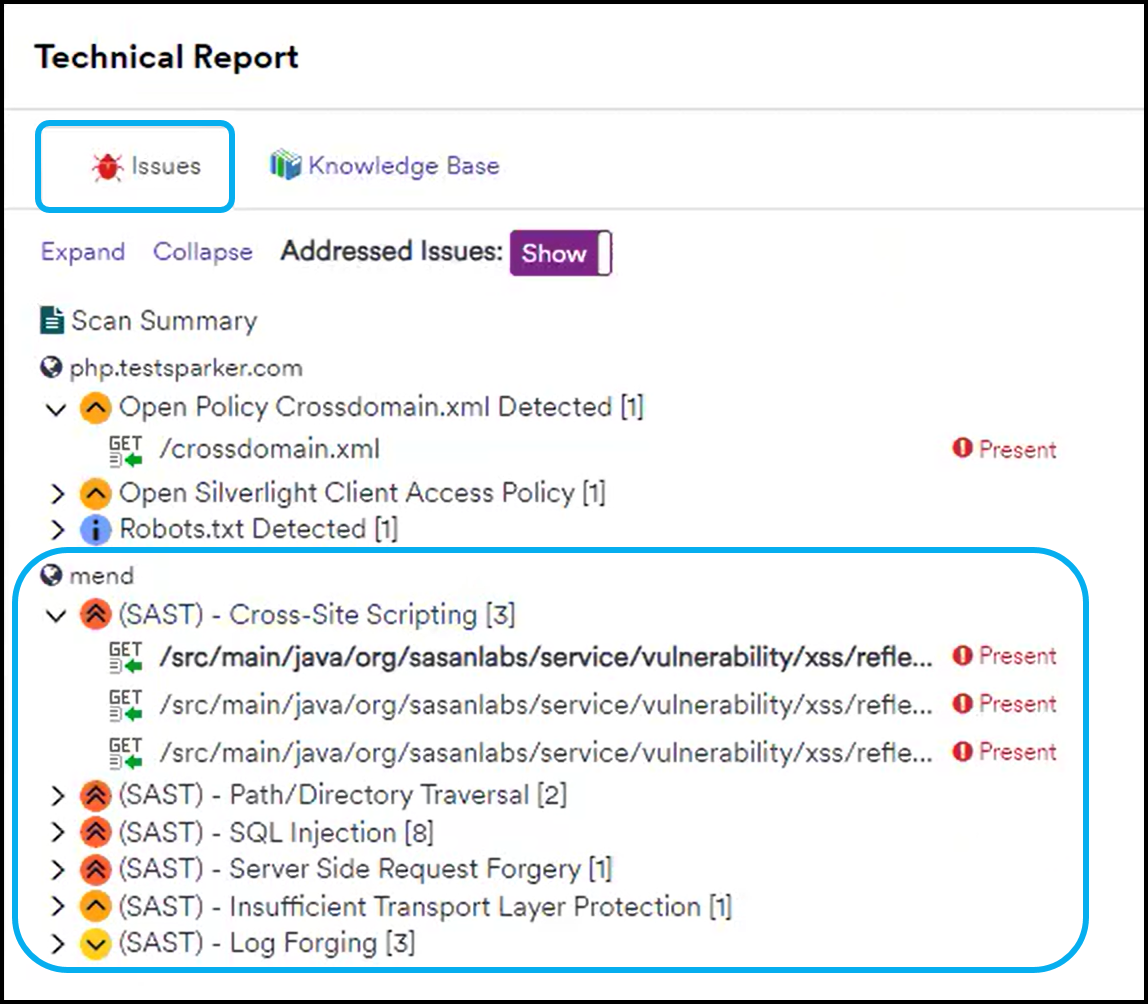 Scan Summary showing Mend SAST and SCA results.