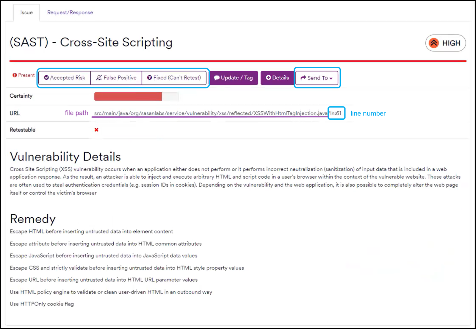 Issue details from Mend with URL, Status, and Send To options.