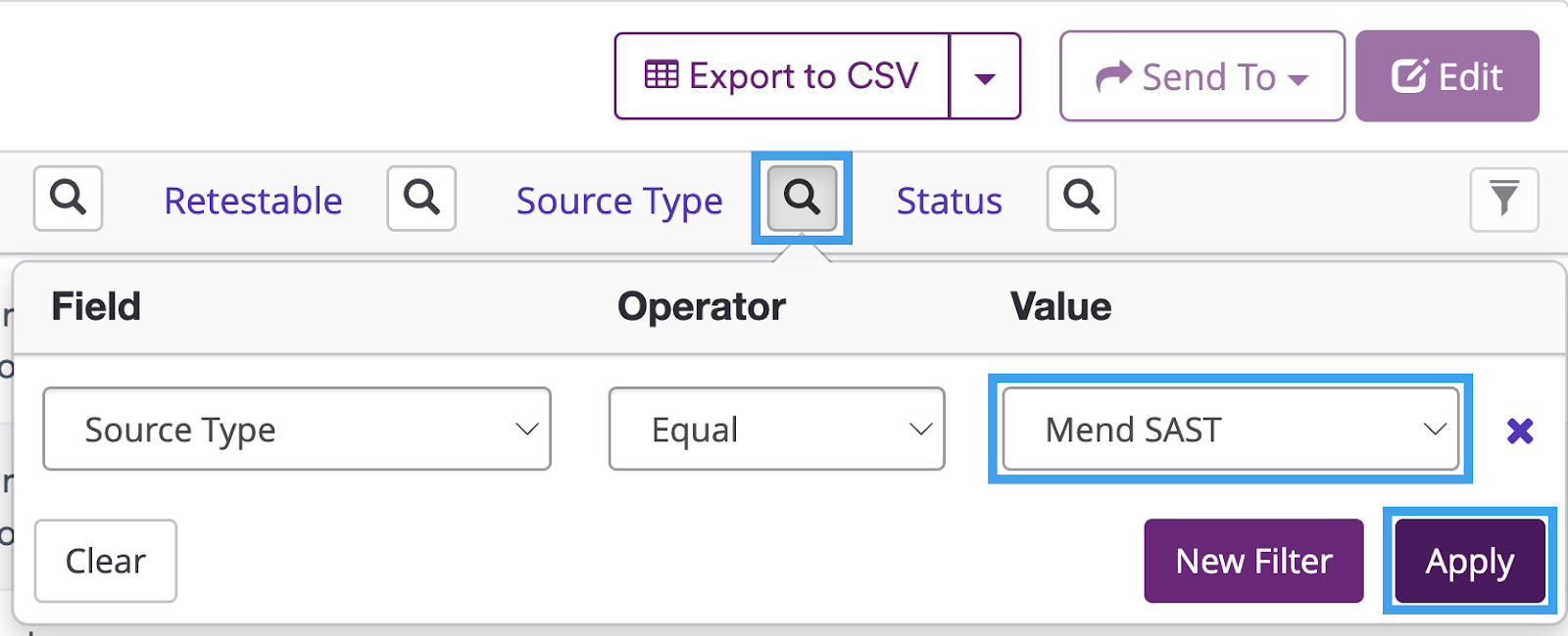 Source Type filter configuration.