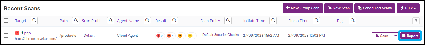 Recent Scans page with Report button.