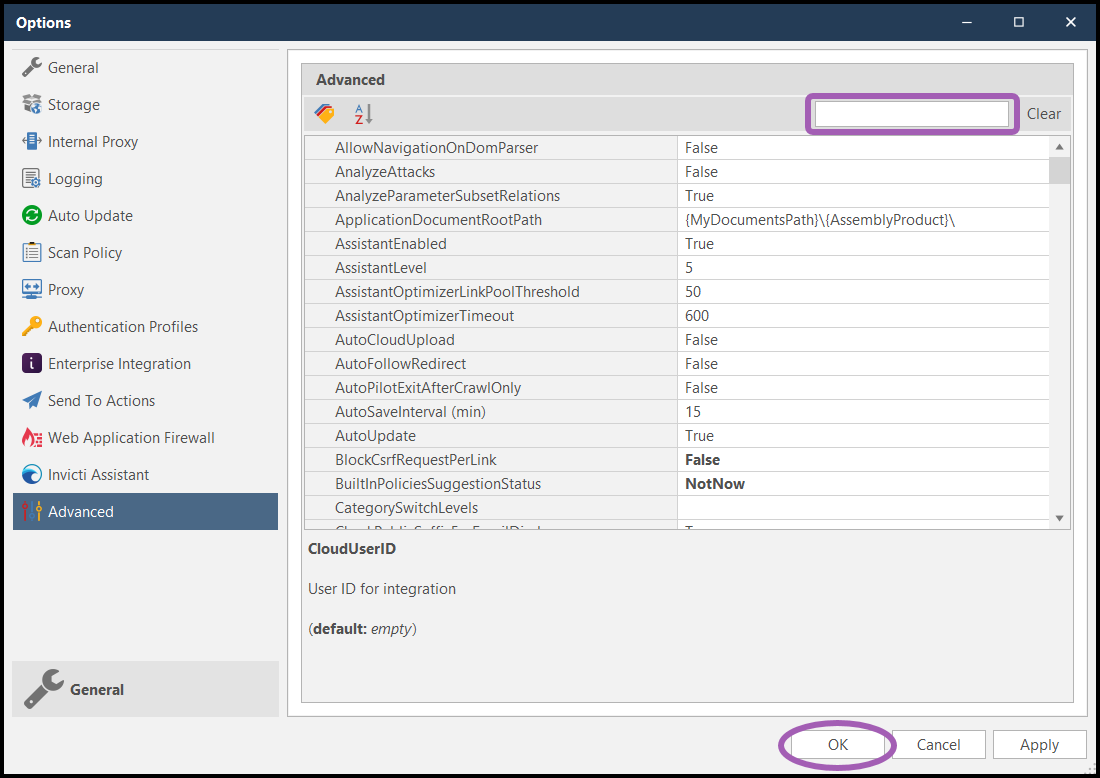 Advanced options dialog in Invicti Standard