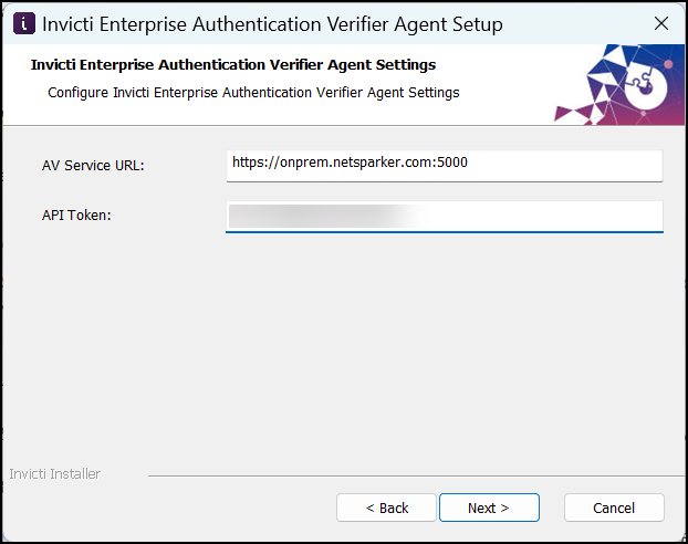 Invicti Enterprise Authentication Verifier Agent settings step showing the AV Service URL and API Token fields