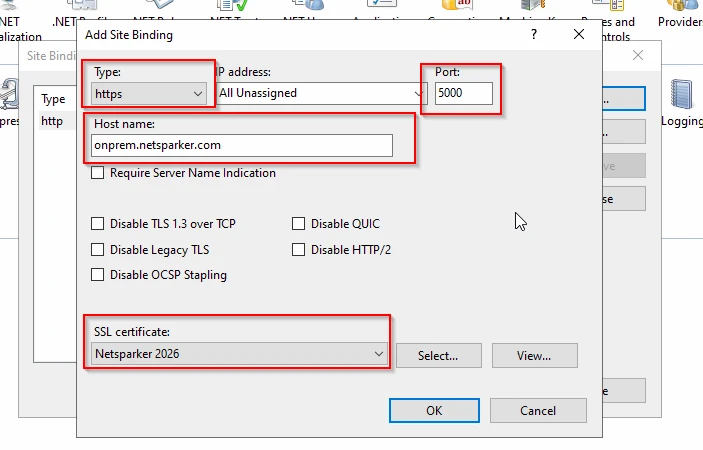IIS add site binding dialog configured for https on port 5000 with a hostname and SSL certificate selected