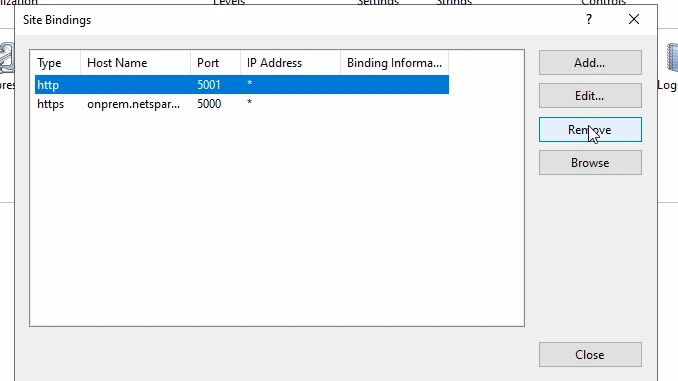 IIS site bindings showing only the https:5000 binding after removing the http:5001 binding