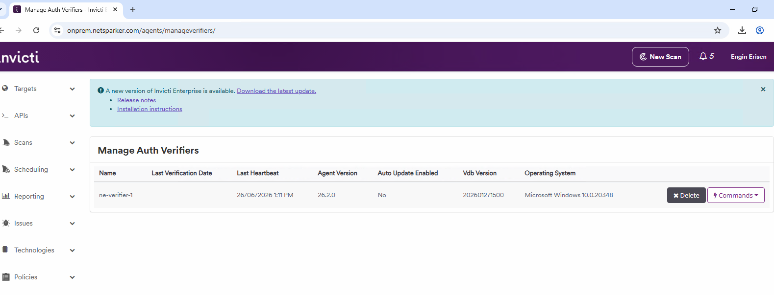 Manage Verifiers page showing the authentication verifier agent in the list