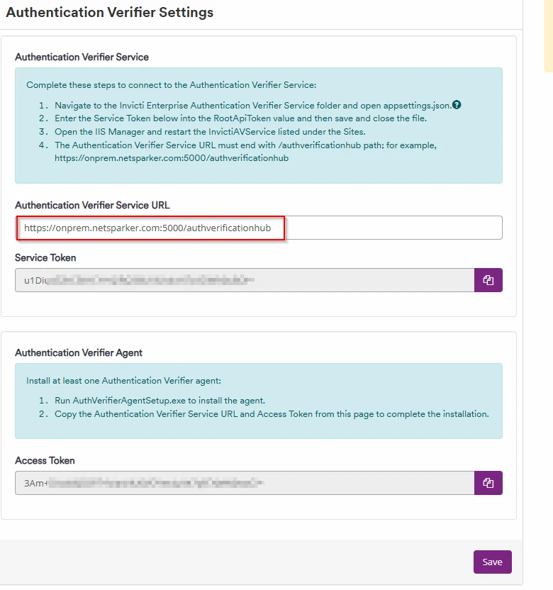 Authentication Verifier settings page showing the Service URL, Service Token, and Access Token fields