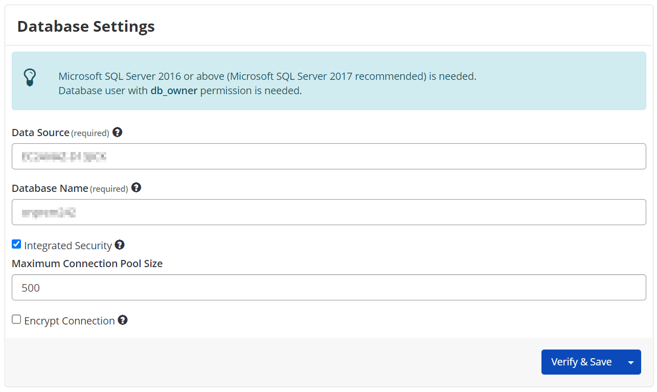 Database configuration form