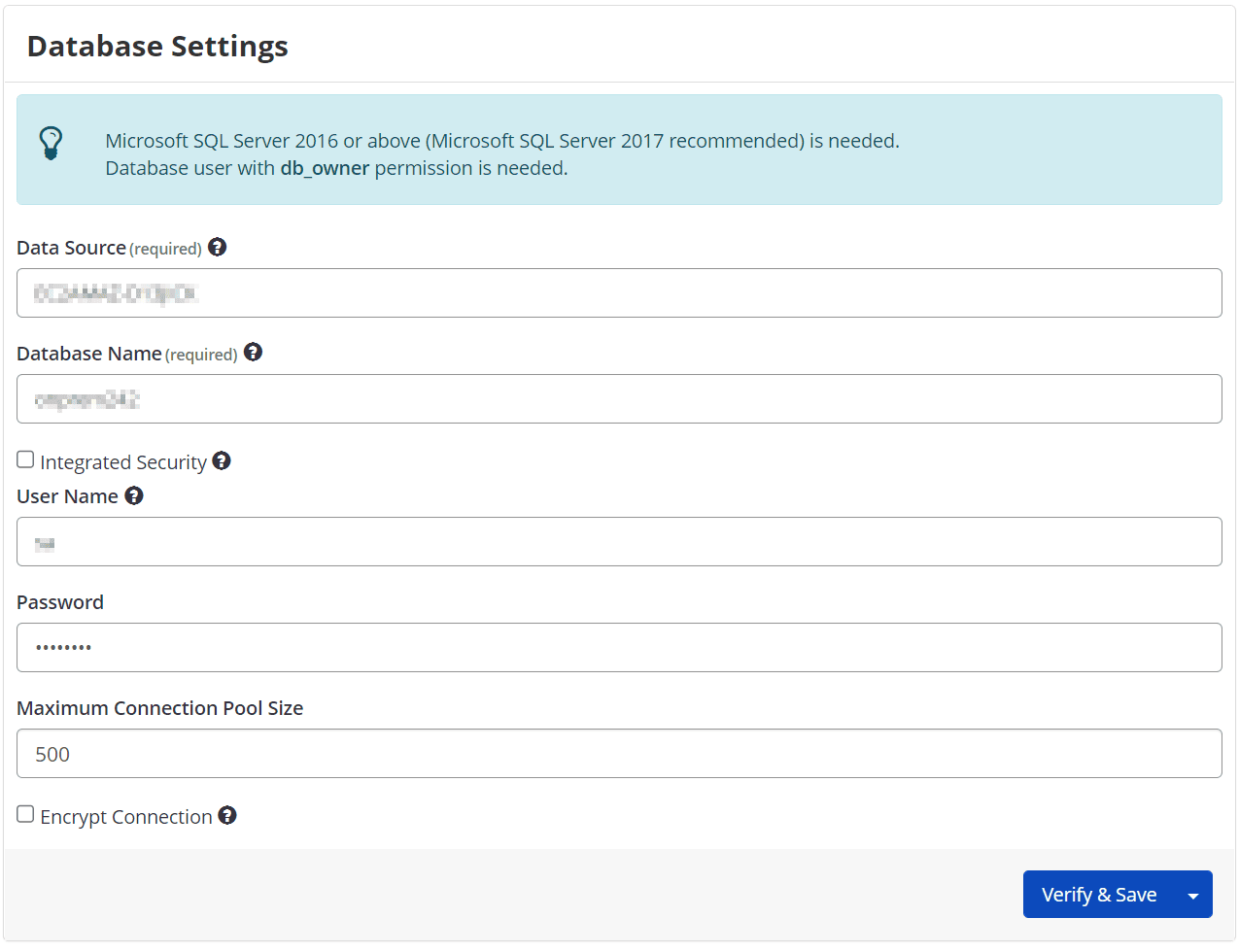 Database settings page