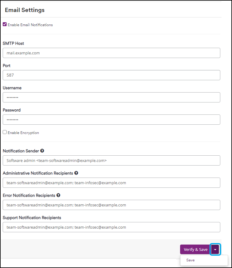 Email configuration fields
