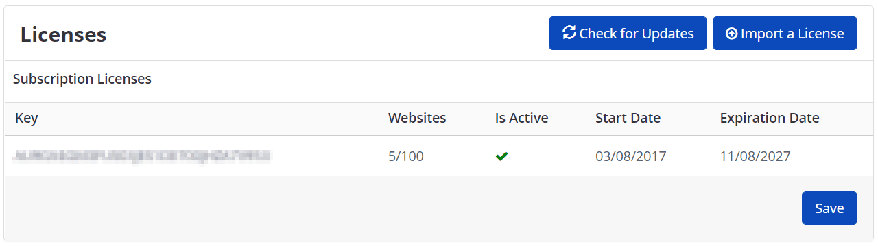 Licensing settings page