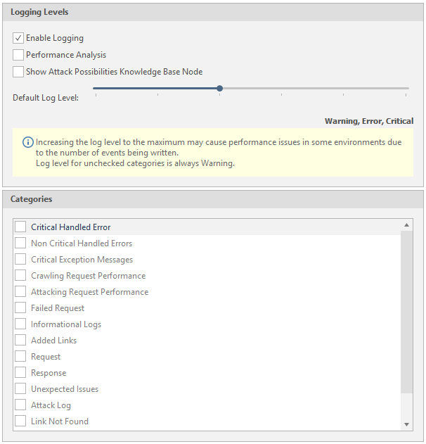 Logging settings page