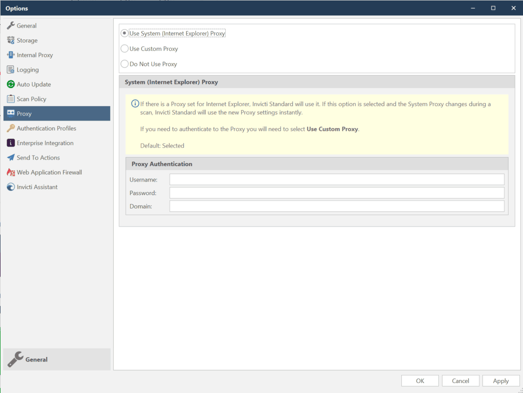 Proxy options dialog