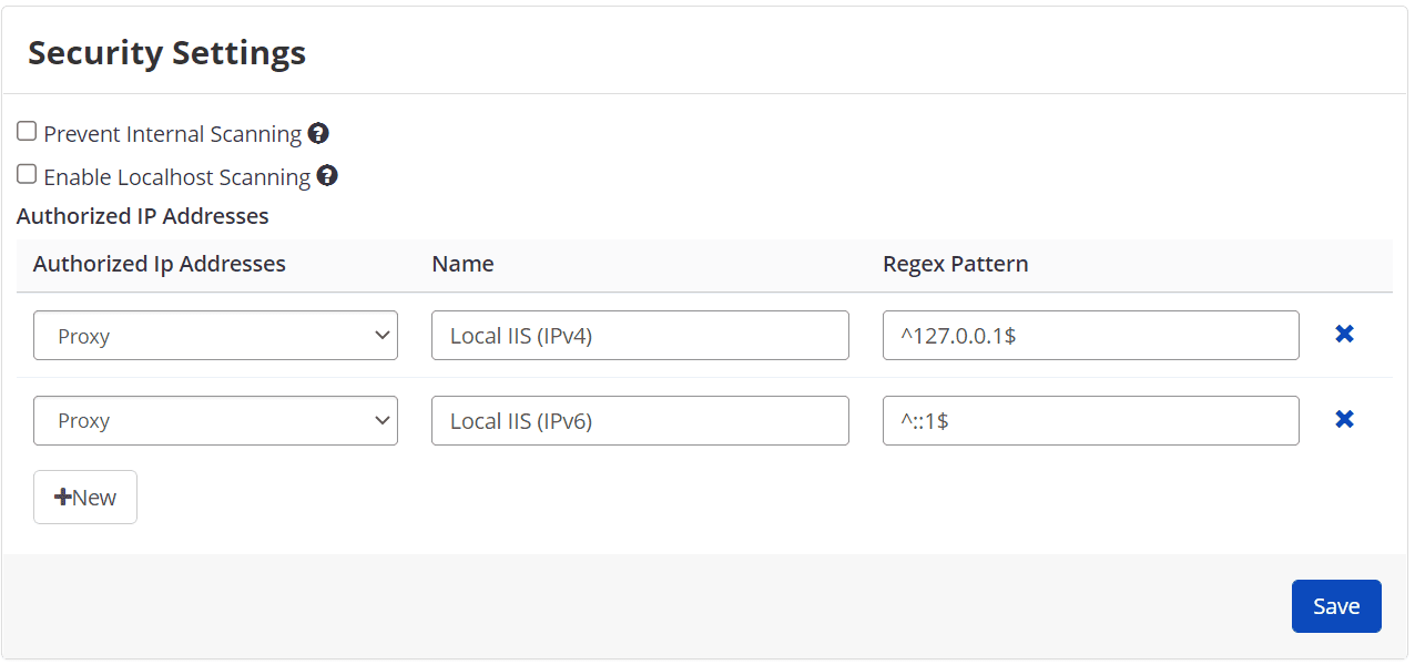 Security settings page
