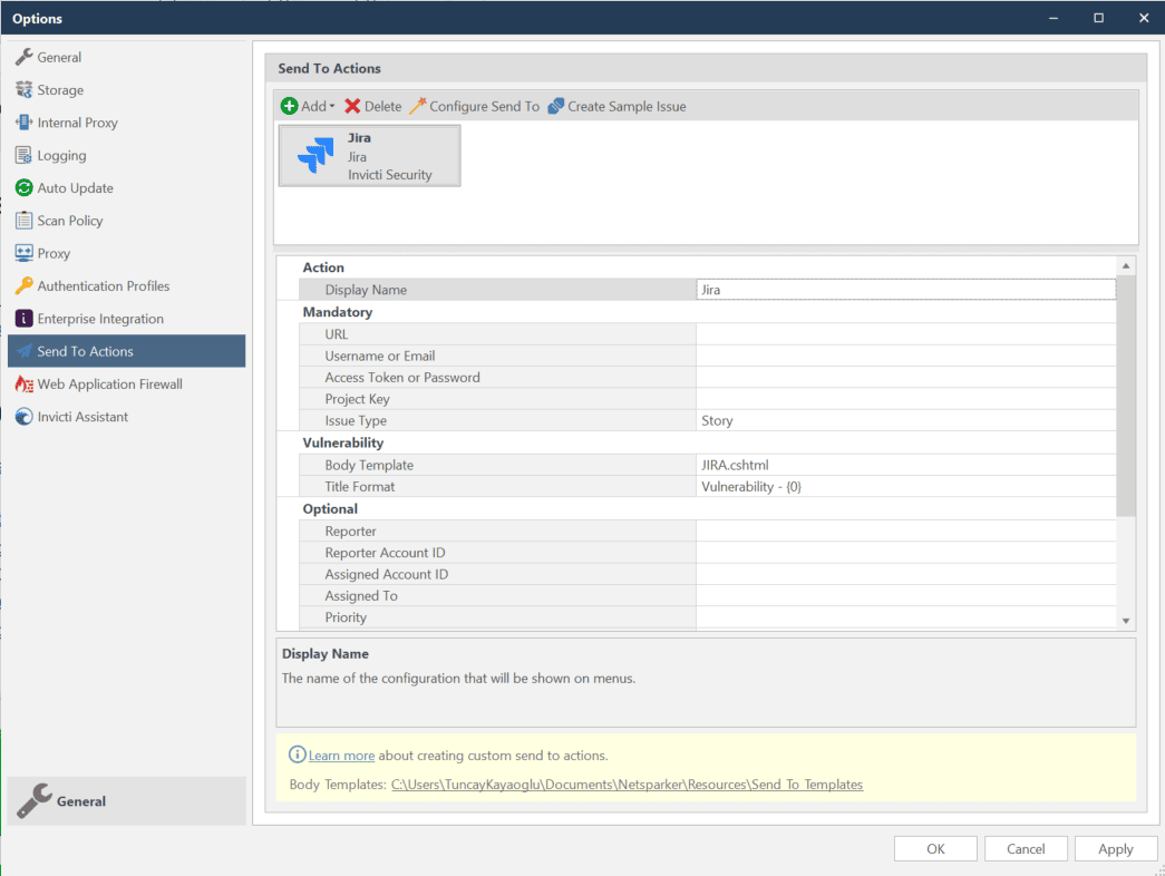Send To Actions - Add issue tracking system