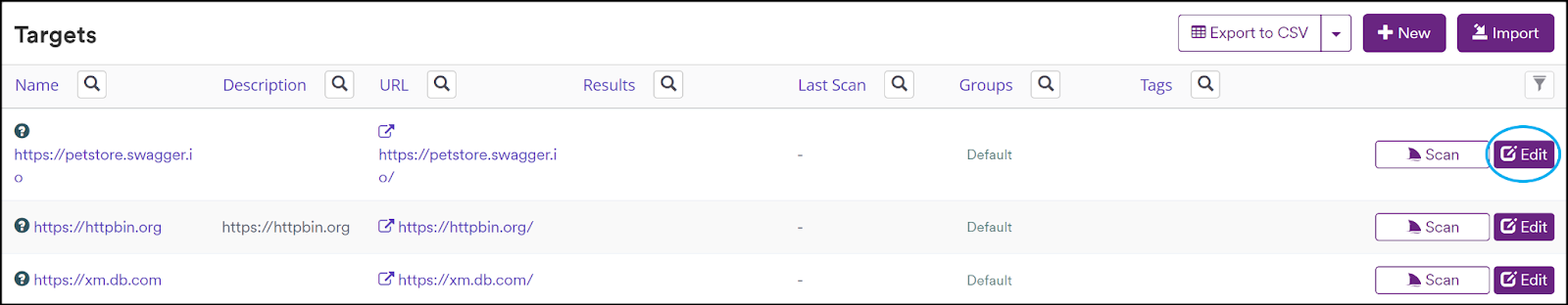 Targets list with the edit button selected.