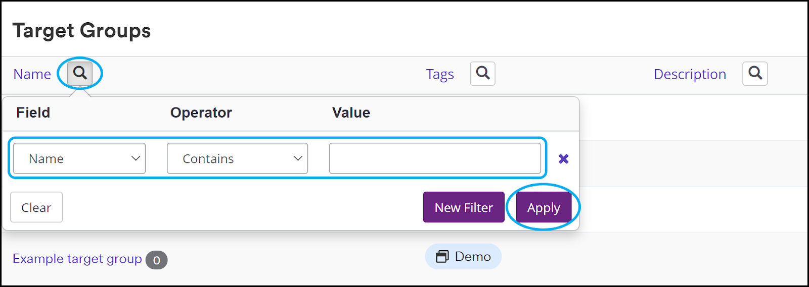 Target groups filtering options.