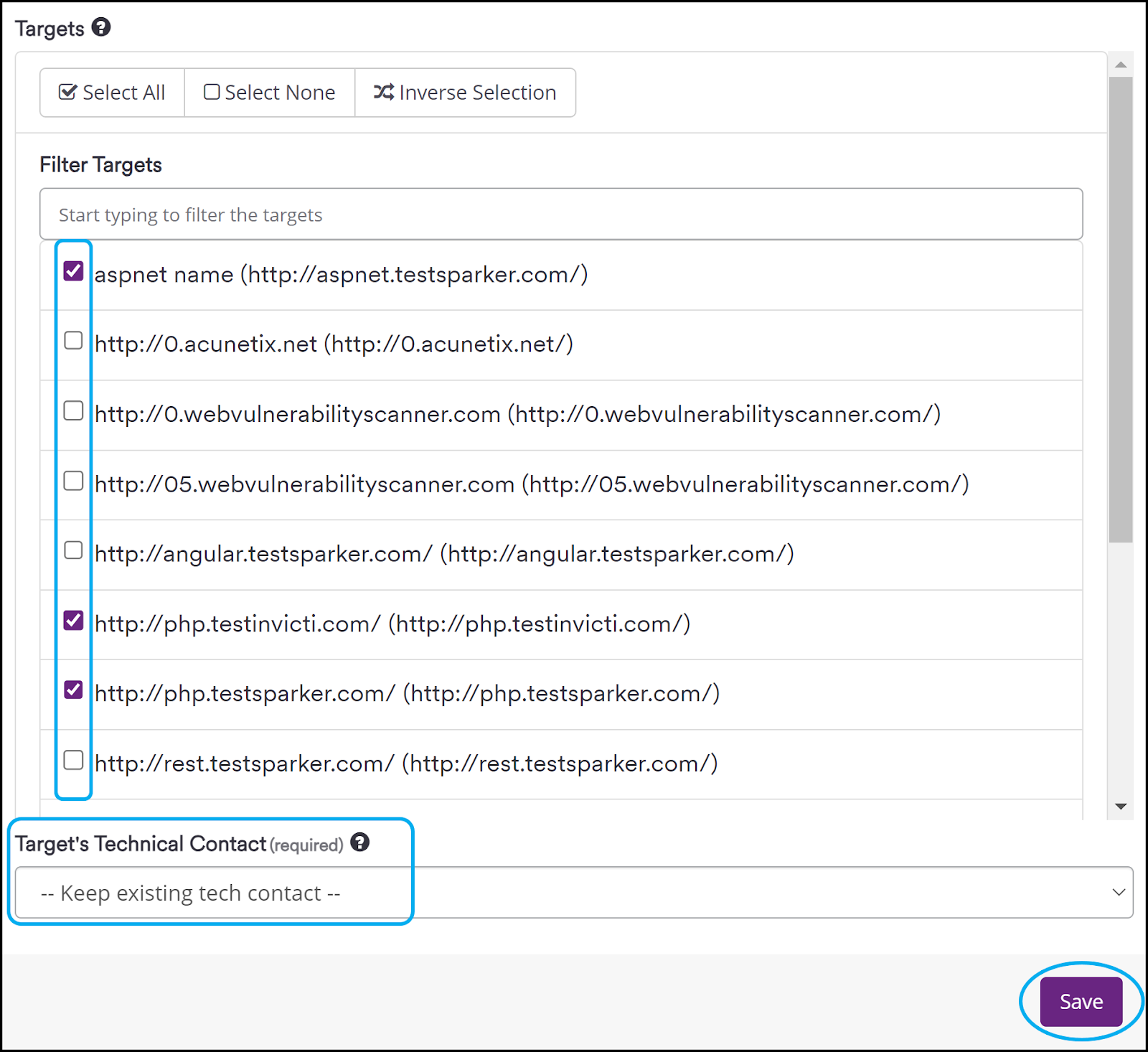 Targets filter and the Target's technical contact.