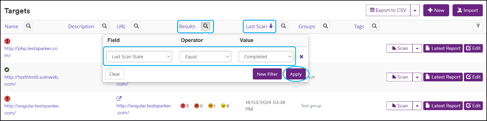 Targets page with the filtering options.