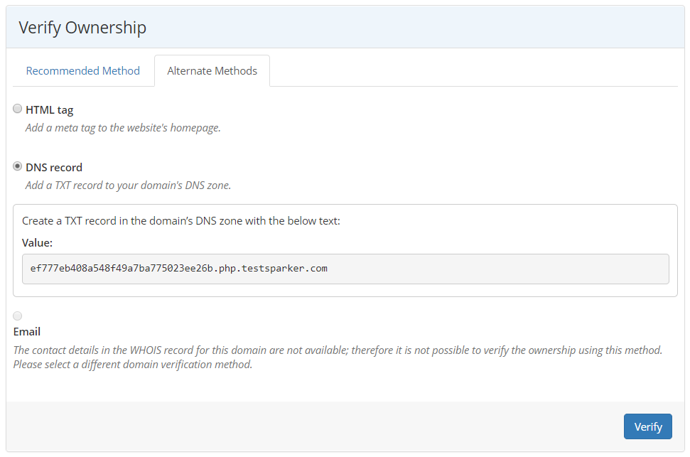 Verify ownership alternate methods page with DNS record selected and the Verify button.