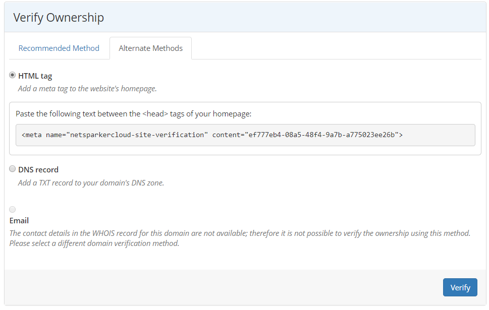 Verify ownership alternate methods page with HTML tag selected and the Verify button.