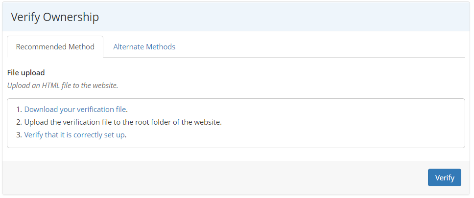 Verify ownership recommended method page with Verify button.