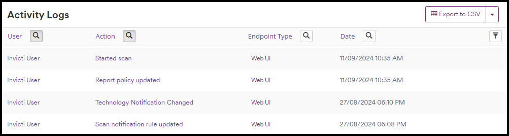Activity Logs page in Invicti Enterprise