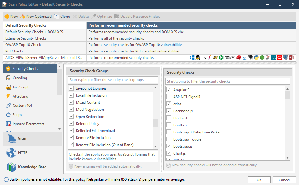 Security Checks in Invicti Standard showing JavaScript Libraries configuration.