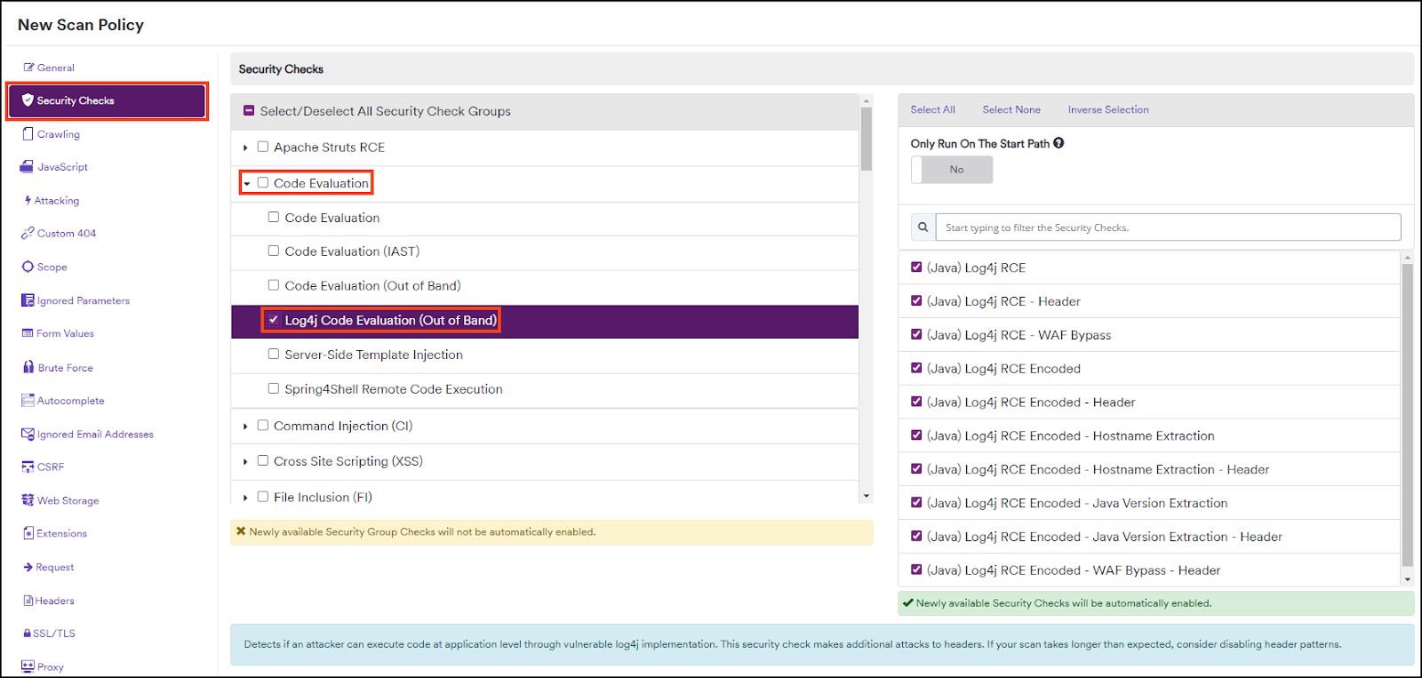 Selecting Log4j Code Evaluation (Out of Band) security check.