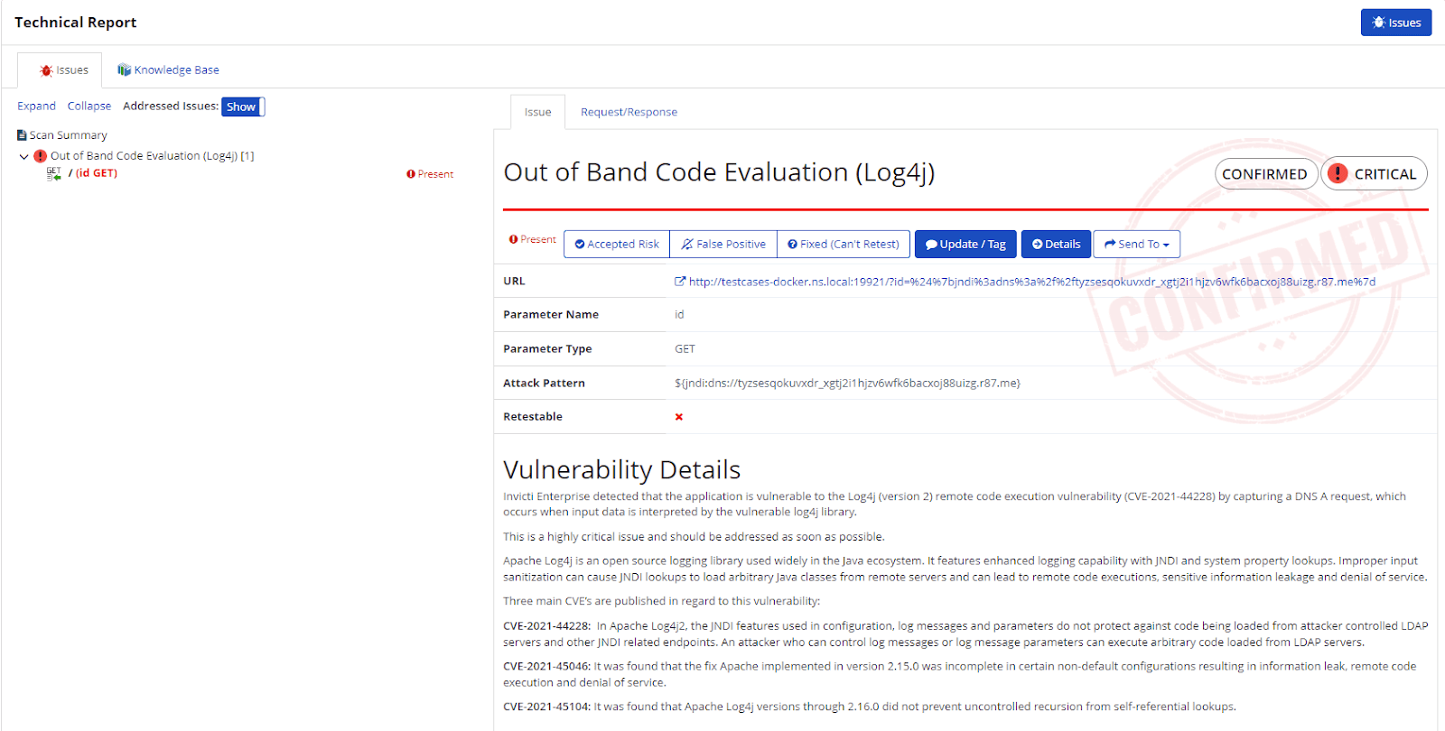 Scan Summary page showing Technical Report section with Log4j vulnerability results.