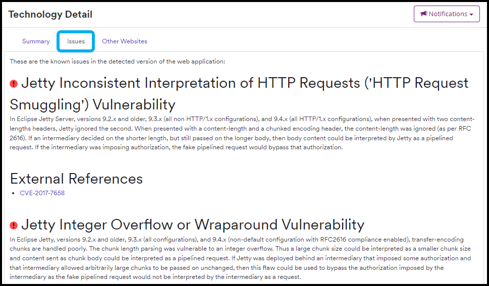 Technology Issues tab showing security issues.