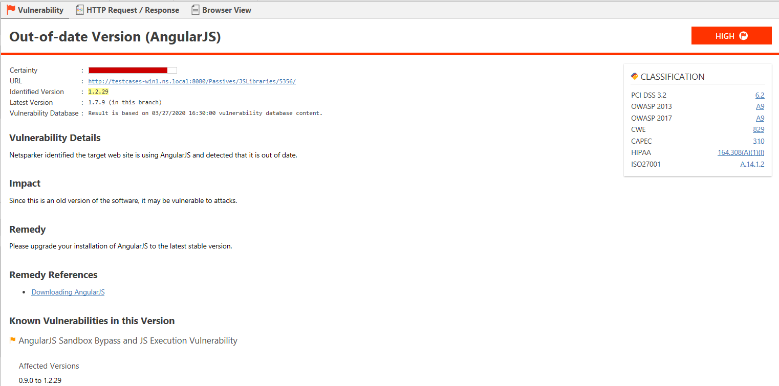 A vulnerable version of AngularJS identified by Invicti web application security scanner.