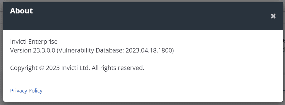 About dialog displaying version and VDB information