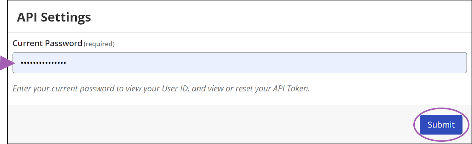 User ID and API Token display