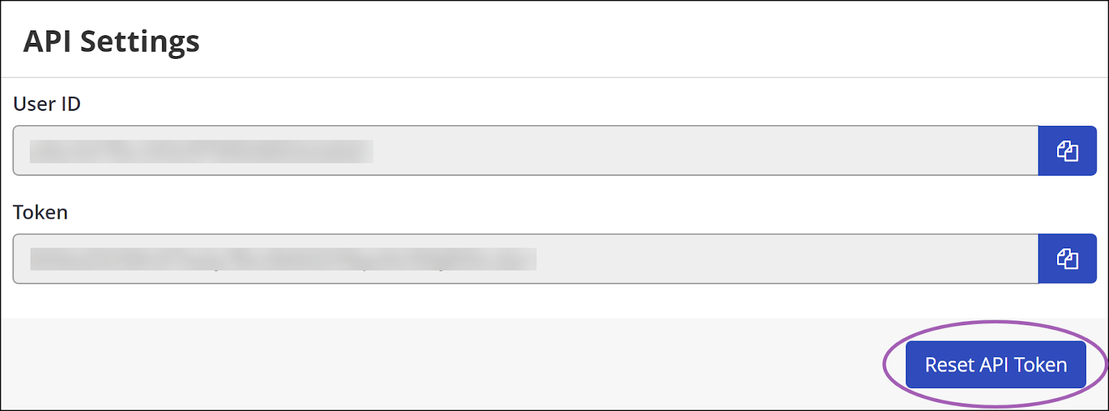 Reset API Token button