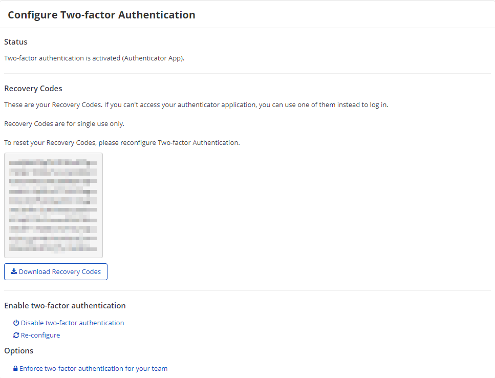Two-factor authentication recovery codes display