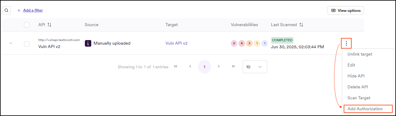 API catalog showing the three-dot menu with Add authorization option