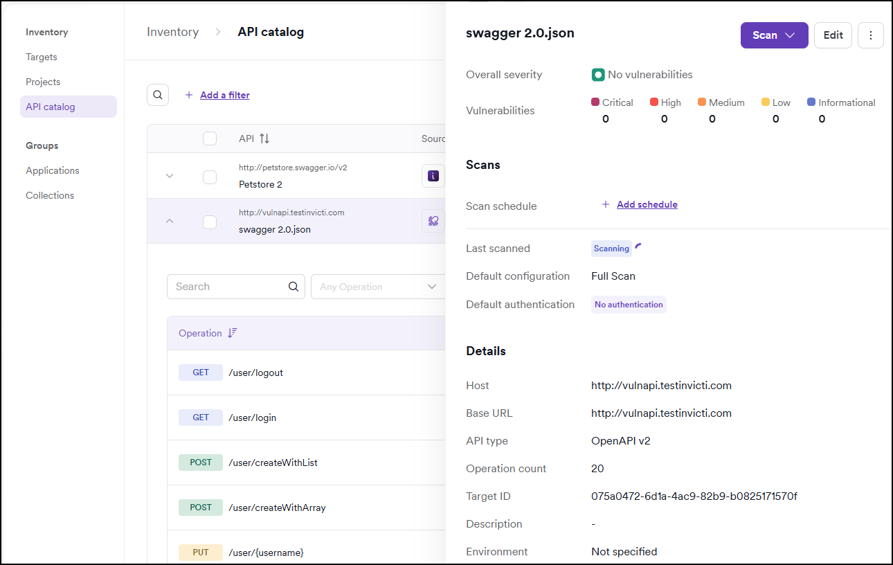 API catalog main page showing discovered APIs and the detail drawer