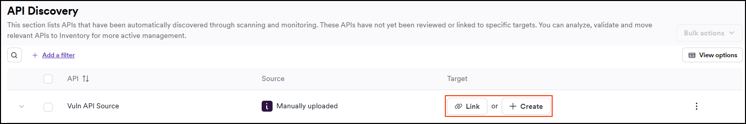API Discovery page showing Link or Create options for discovered APIs