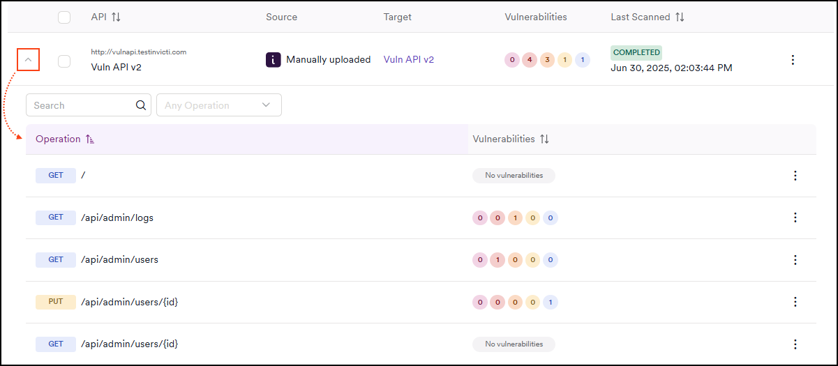 Expanded API showing individual endpoints with HTTP methods, paths, and vulnerability counts